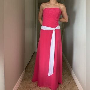 Strapless Hot Pink Evening Gown with White Sash